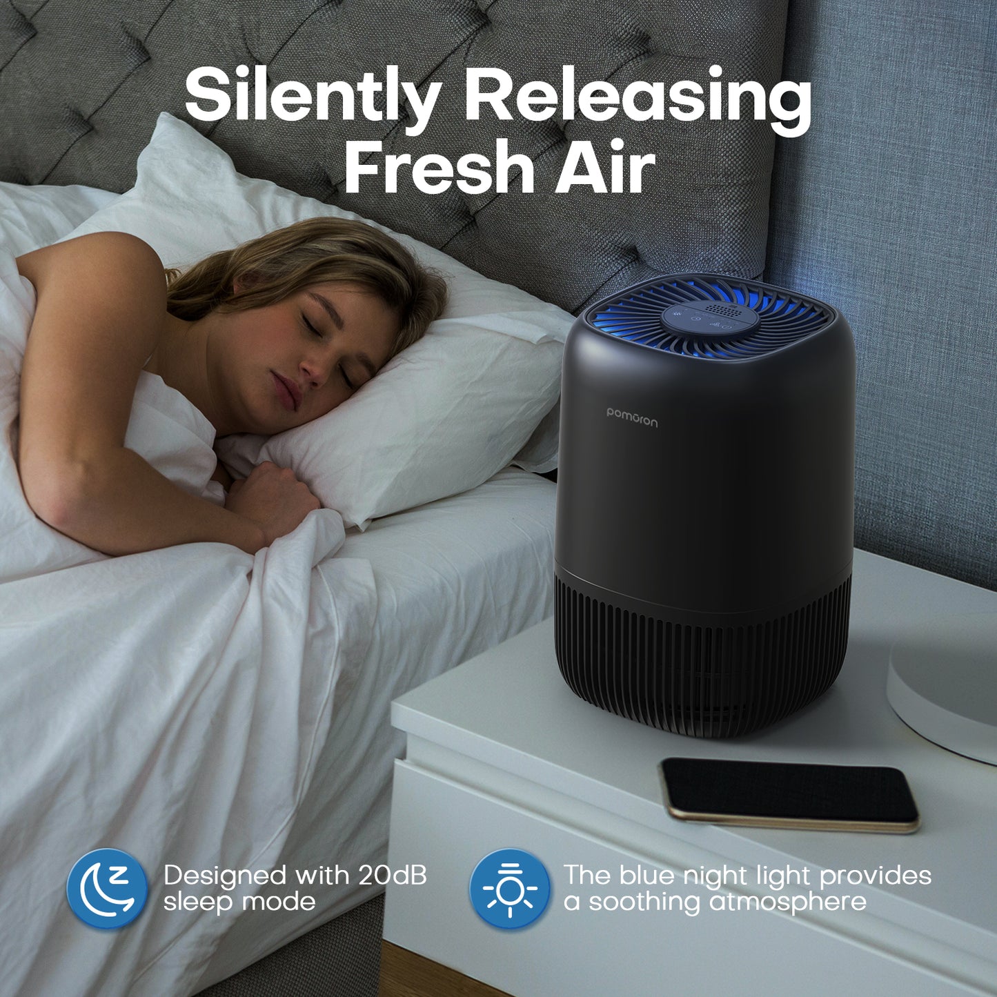 POMORON Air Purifiers for Bedroom Home, Air Filter Cleaner with Fragrance Sponge, H13 True HEPA Filter for Smoke, Allergies, Pollen, Pet Dander, Odor, Dust, Portable Air Purifier for Bedroom Office