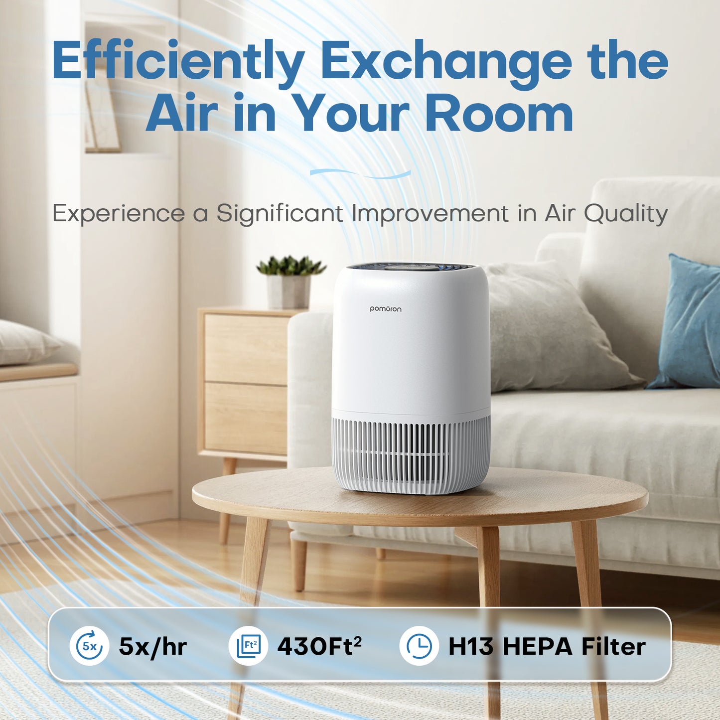 POMORON Air Purifiers for Bedroom Home, Air Filter Cleaner with Fragrance Sponge, H13 True HEPA Filter for Smoke, Allergies, Pollen, Pet Dander, Odor, Dust, Portable Air Purifier for Bedroom Office