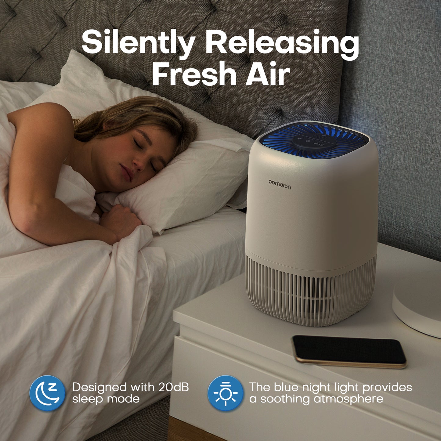POMORON Air Purifiers for Bedroom Home, Air Filter Cleaner with Fragrance Sponge, H13 True HEPA Filter for Smoke, Allergies, Pollen, Pet Dander, Odor, Dust, Portable Air Purifier for Bedroom Office